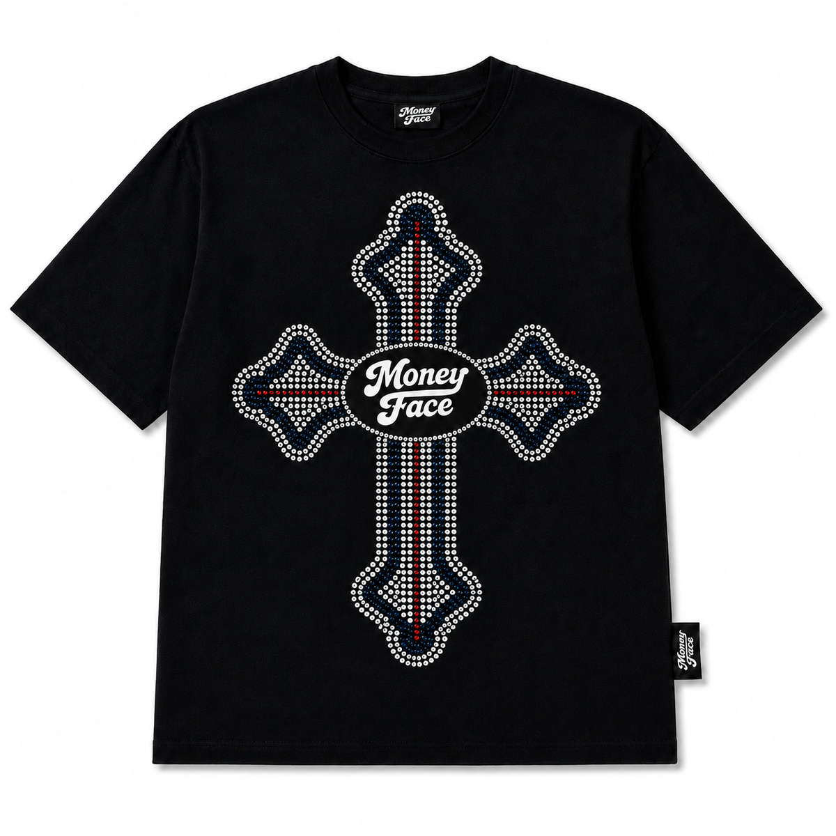 RHINESTONE CROSS TEE - BLACK