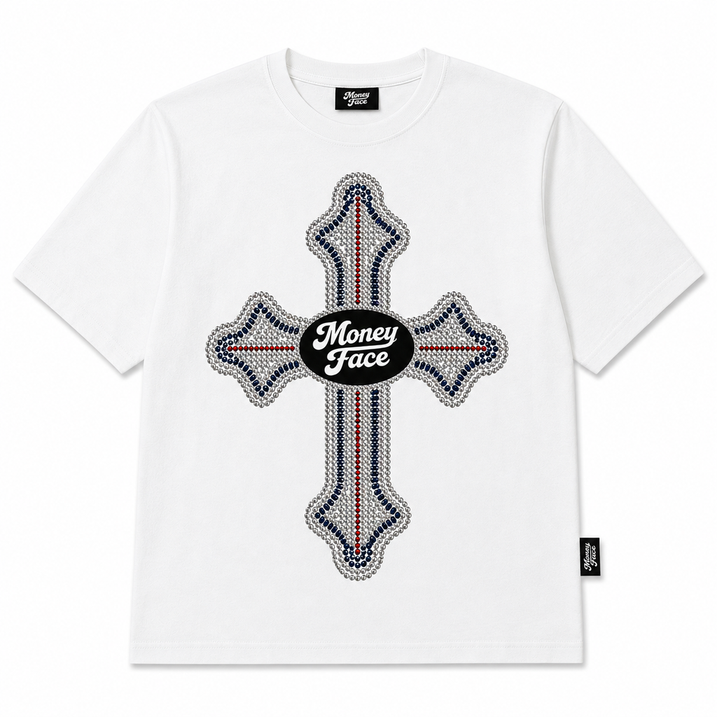 RHINESTONE CROSS TEE - WHITE