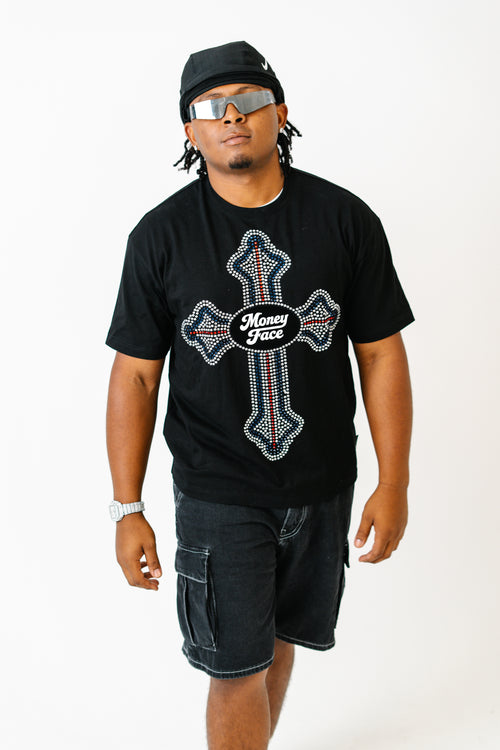 RHINESTONE CROSS TEE - BLACK